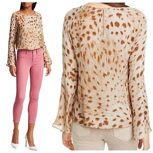 NWT L’AGENCE Silk Chiffon Watercolor Animal Print Long Bell Sleeve Relaxed Top S - Picture 2 of 16